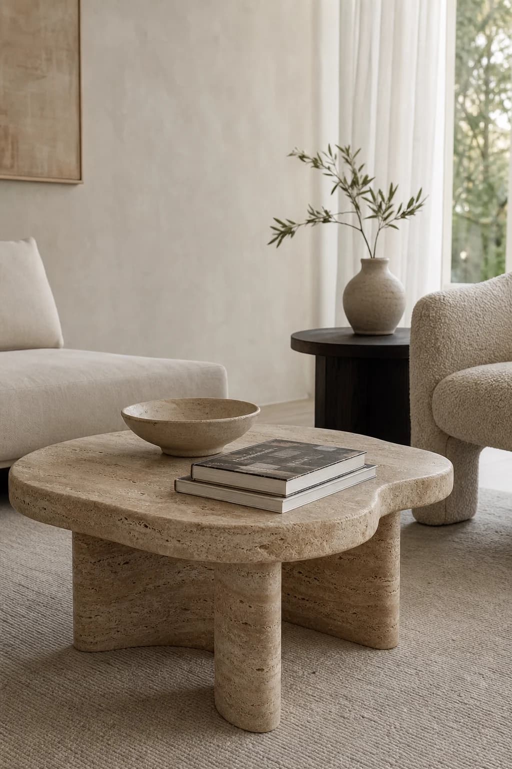 Table basse ovale en travertin MaisondAix devant un canapé en bouclé, dans un salon aux tons lin et grège