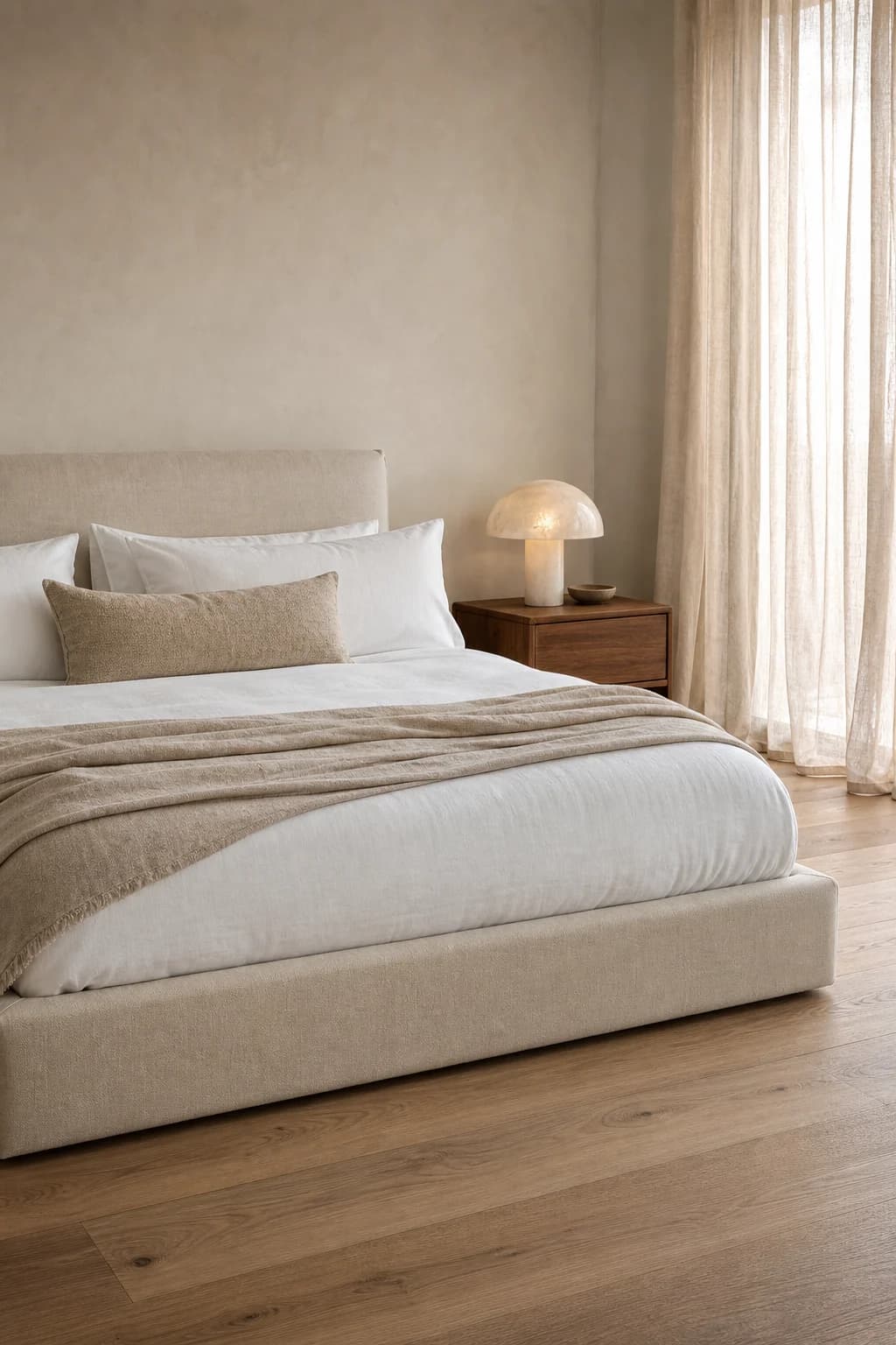 Literie MaisondAix — matelas épais et linge de lit en lin blanc dans une chambre apaisée
