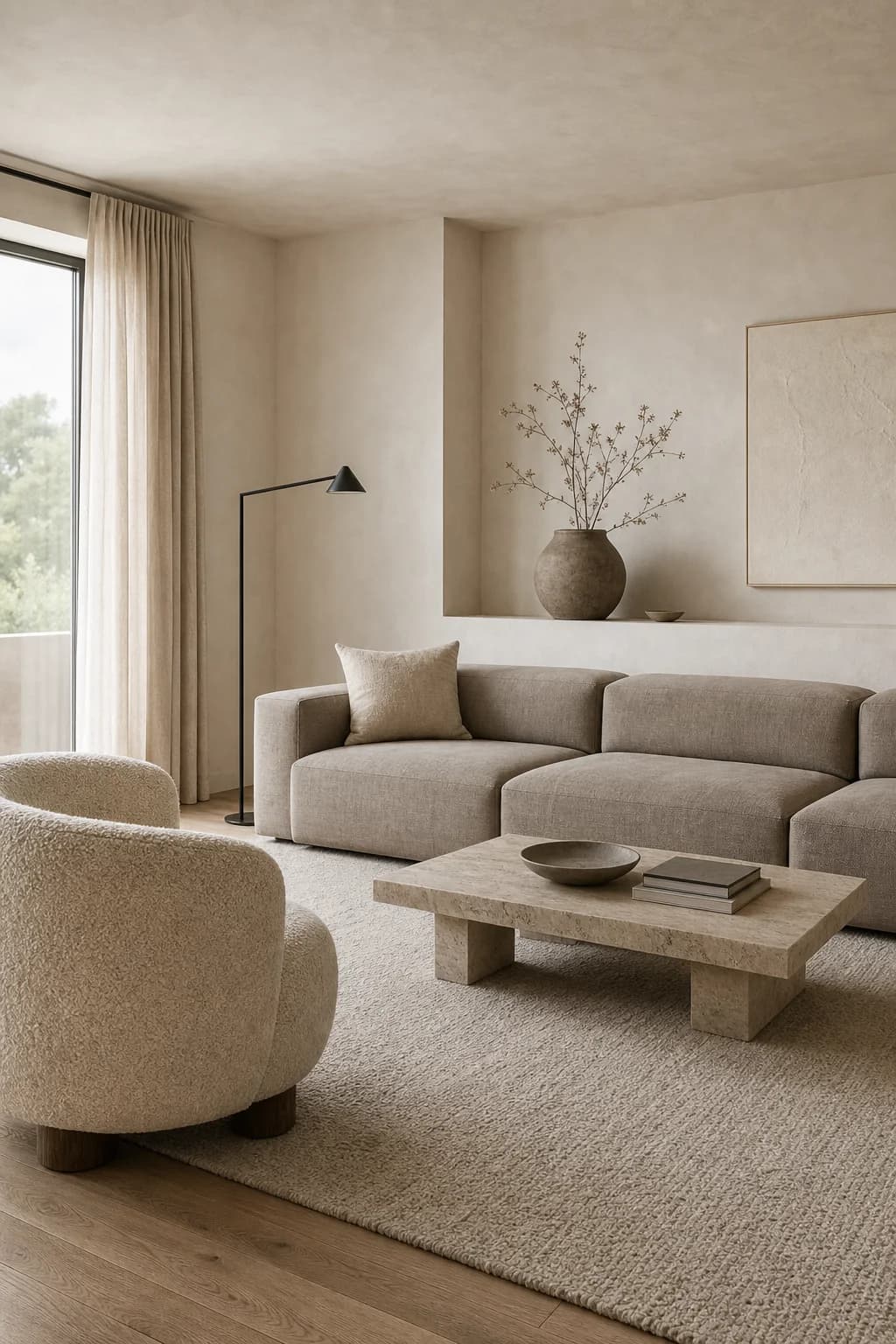 Salon contemporain MaisondAix — canapé d'angle en bouclé sable, table basse en travertin et lumière rasante sur enduit à la chaux