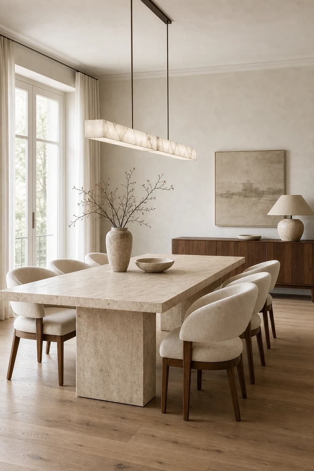 Salle à manger MaisondAix — grande table en travertin, chaises en lin et suspension en laiton brossé