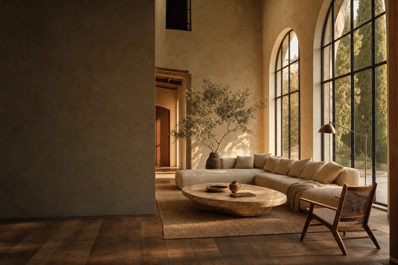 Séjour contemporain MaisondAix baigné de lumière dorée, avec canapé bouclé et table en travertin